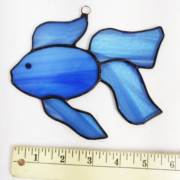 Vintage Stained Glass Gold Fish Beta Fish PAIR Sun Catchers Orange Blue Handmade - Picture 5 of 6